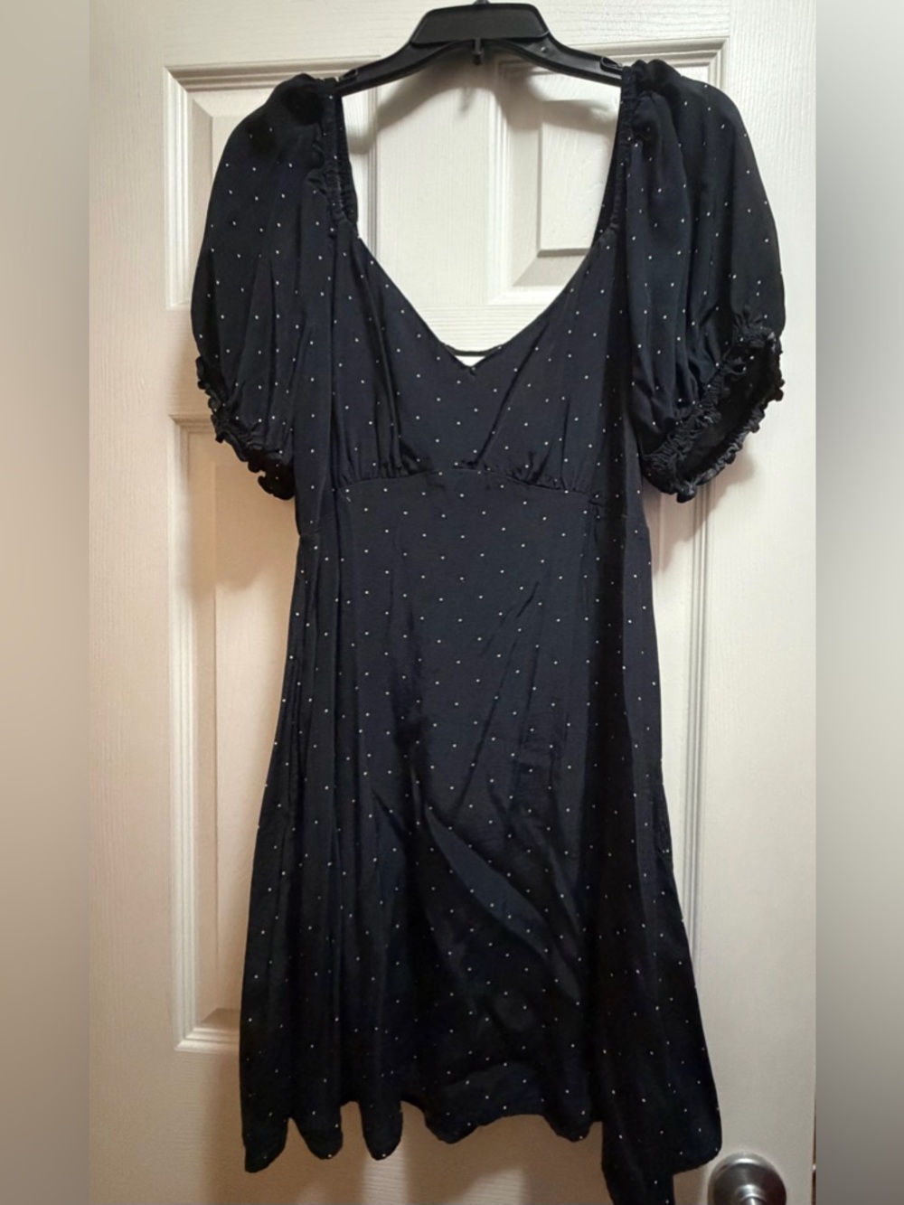 a new day Black Polka Dot V-Neck Puff-Sleeve Midi Dress